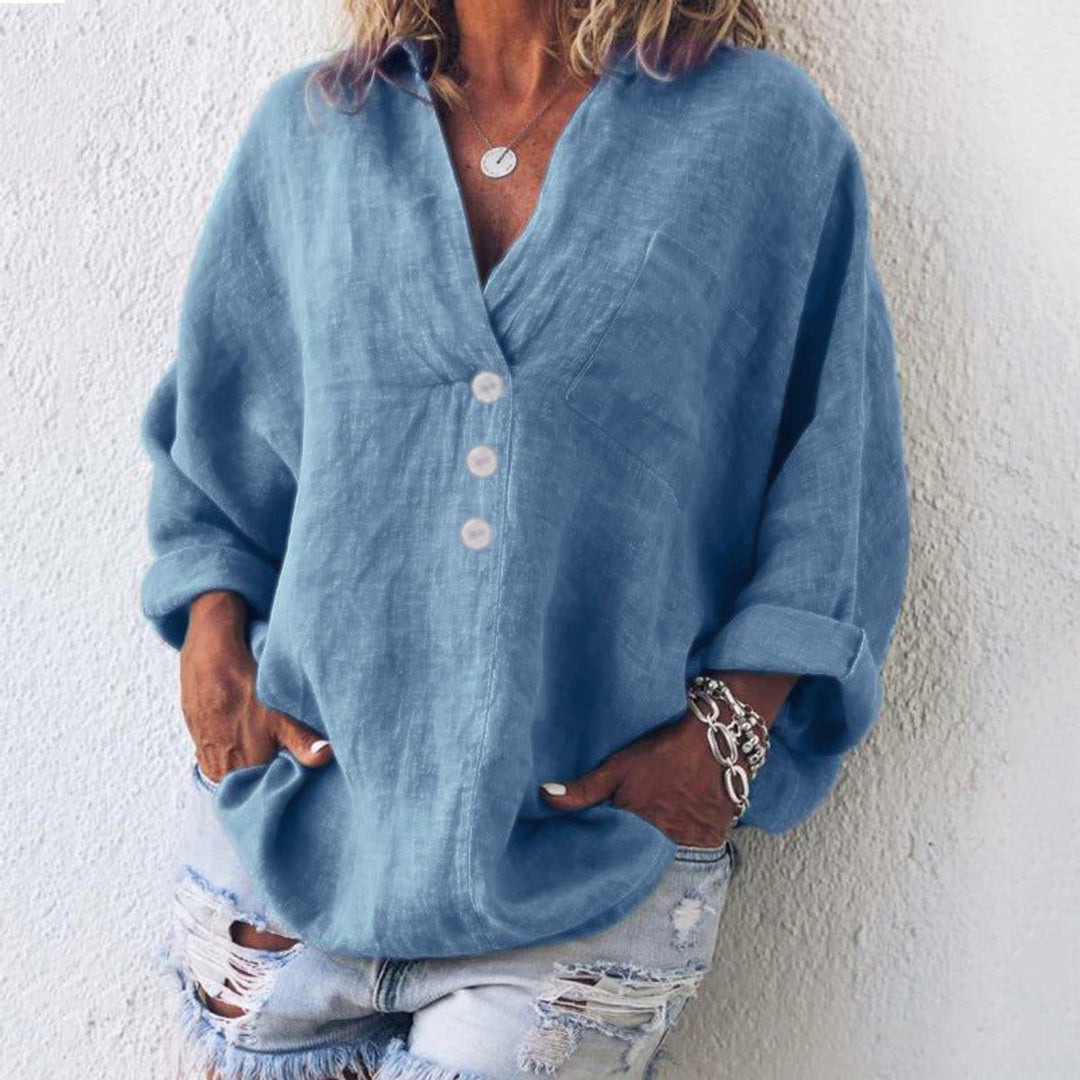 Women's Relaxed-Fit Cotton Linen Button-Up Pullover Sweater - Blue