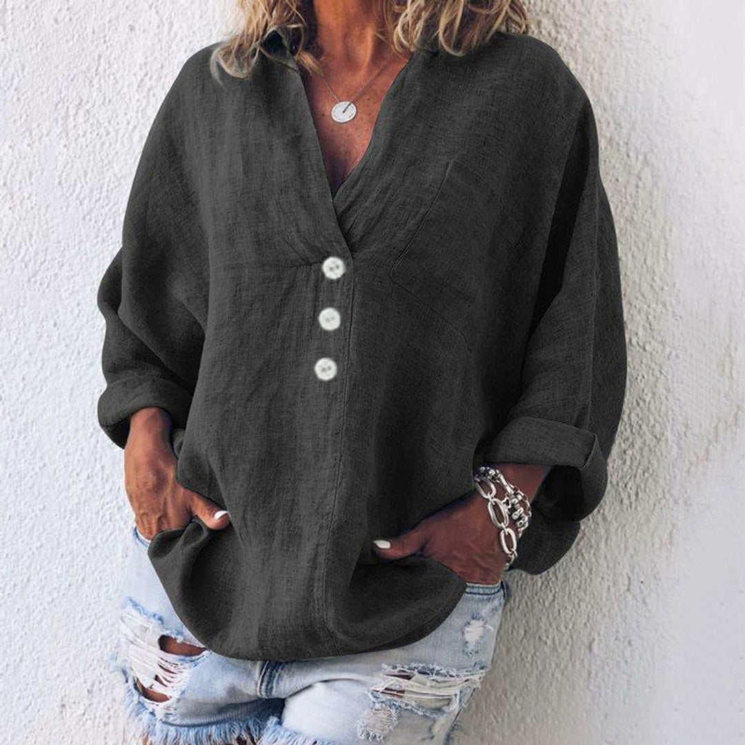 Women's Relaxed-Fit Cotton Linen Button-Up Pullover Sweater - Black