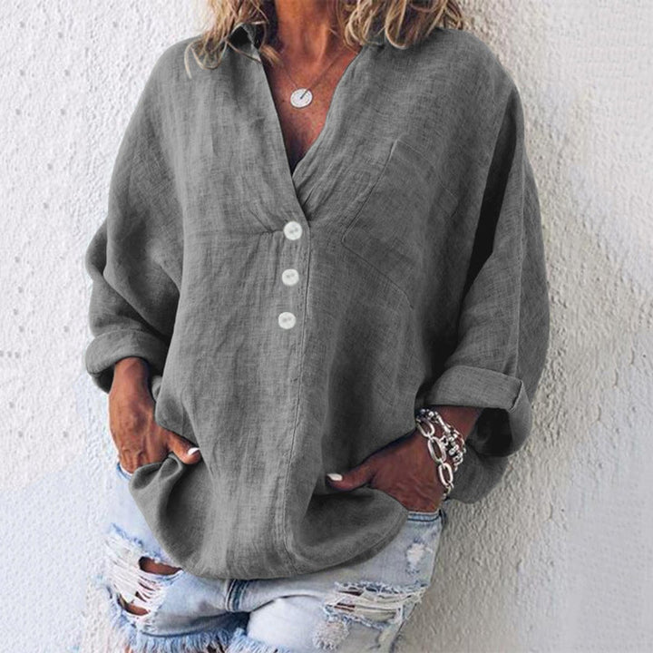 Women's Relaxed-Fit Cotton Linen Button-Up Pullover Sweater - Gray