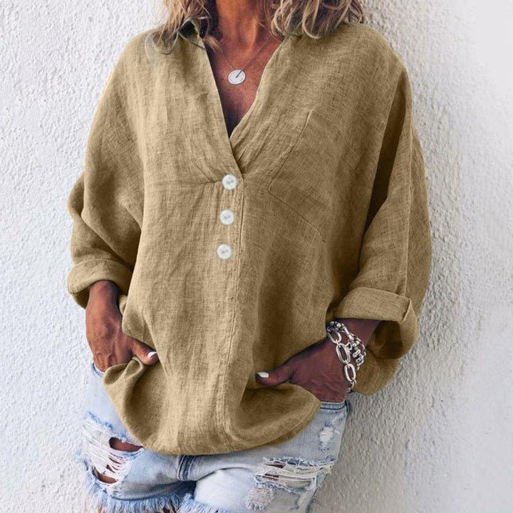 Women's Relaxed-Fit Cotton Linen Button-Up Pullover Sweater - Khaki