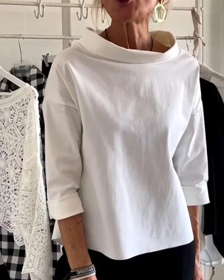 Women's Relaxed-Fit Cowl Bateau Neck 3/4 Sleeve Casual Top - White