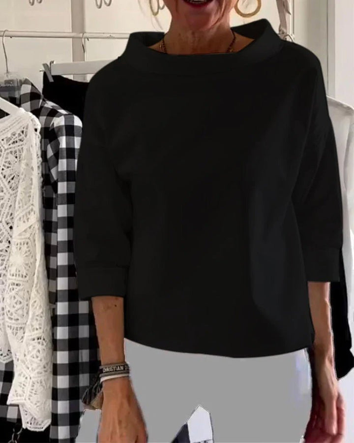 Women's Relaxed-Fit Cowl Bateau Neck 3/4 Sleeve Casual Top - Black