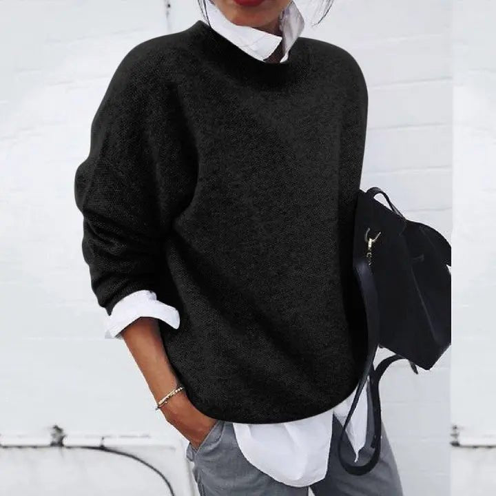 Women's Relaxed-Fit Crew-Neck Cashmere-Blend Pullover Sweater - Black