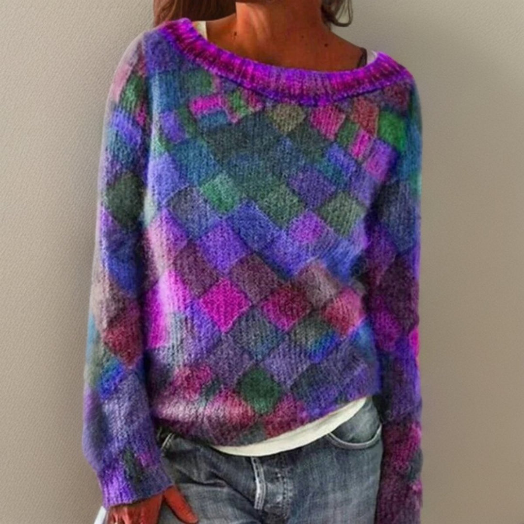 Women's Relaxed-Fit Diamond-Pattern Colorful Knit Sweater - Purple
