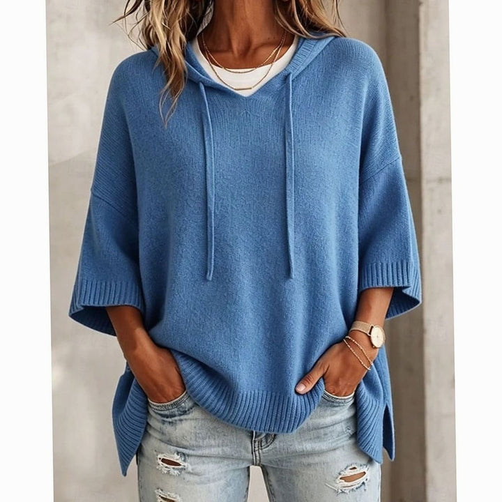 Women's Relaxed-Fit Drawstring Hooded Knit Sweater - Blue