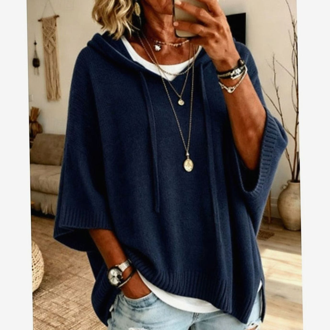 Women's Relaxed-Fit Drawstring Hooded Knit Sweater - Navy Blue