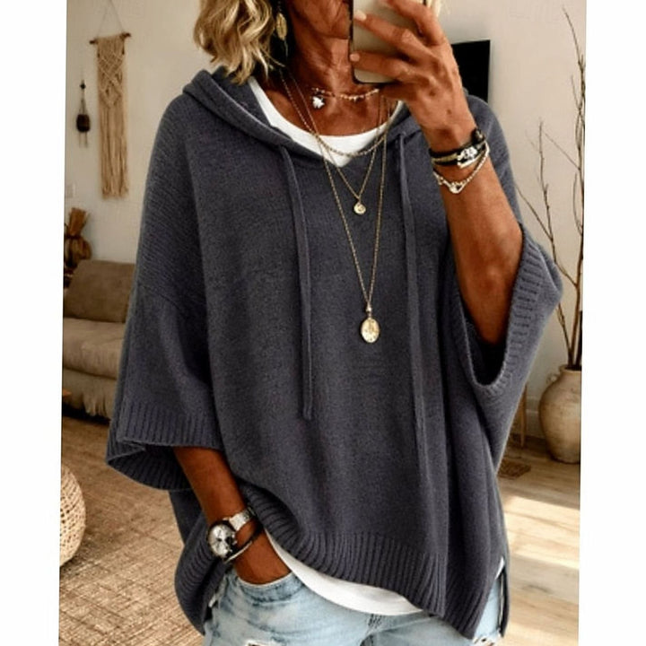 Women's Relaxed-Fit Drawstring Hooded Knit Sweater - Dark Gray