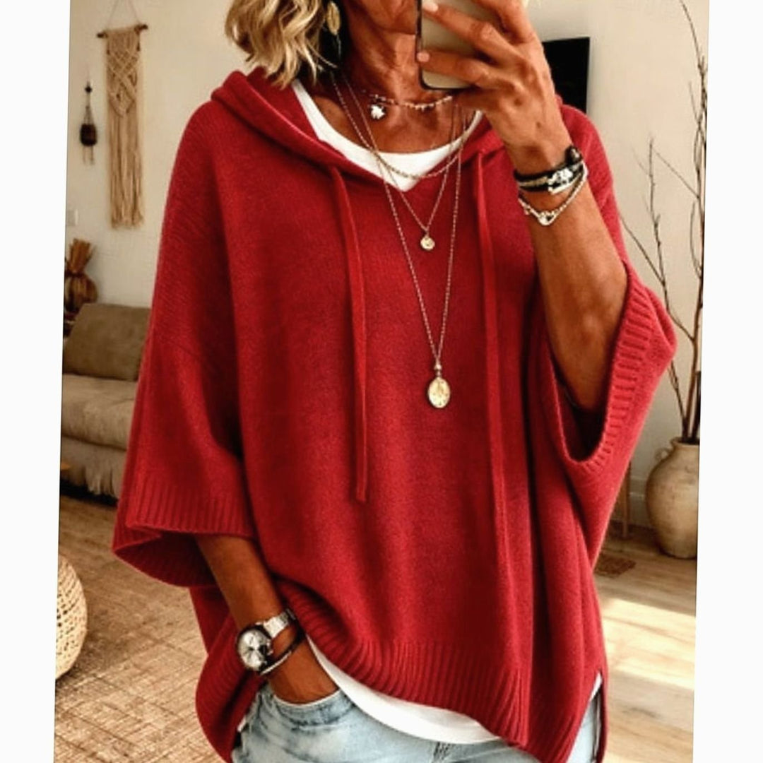 Women's Relaxed-Fit Drawstring Hooded Knit Sweater - Red