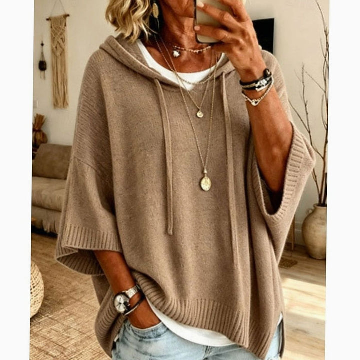 Women's Relaxed-Fit Drawstring Hooded Knit Sweater - Khaki