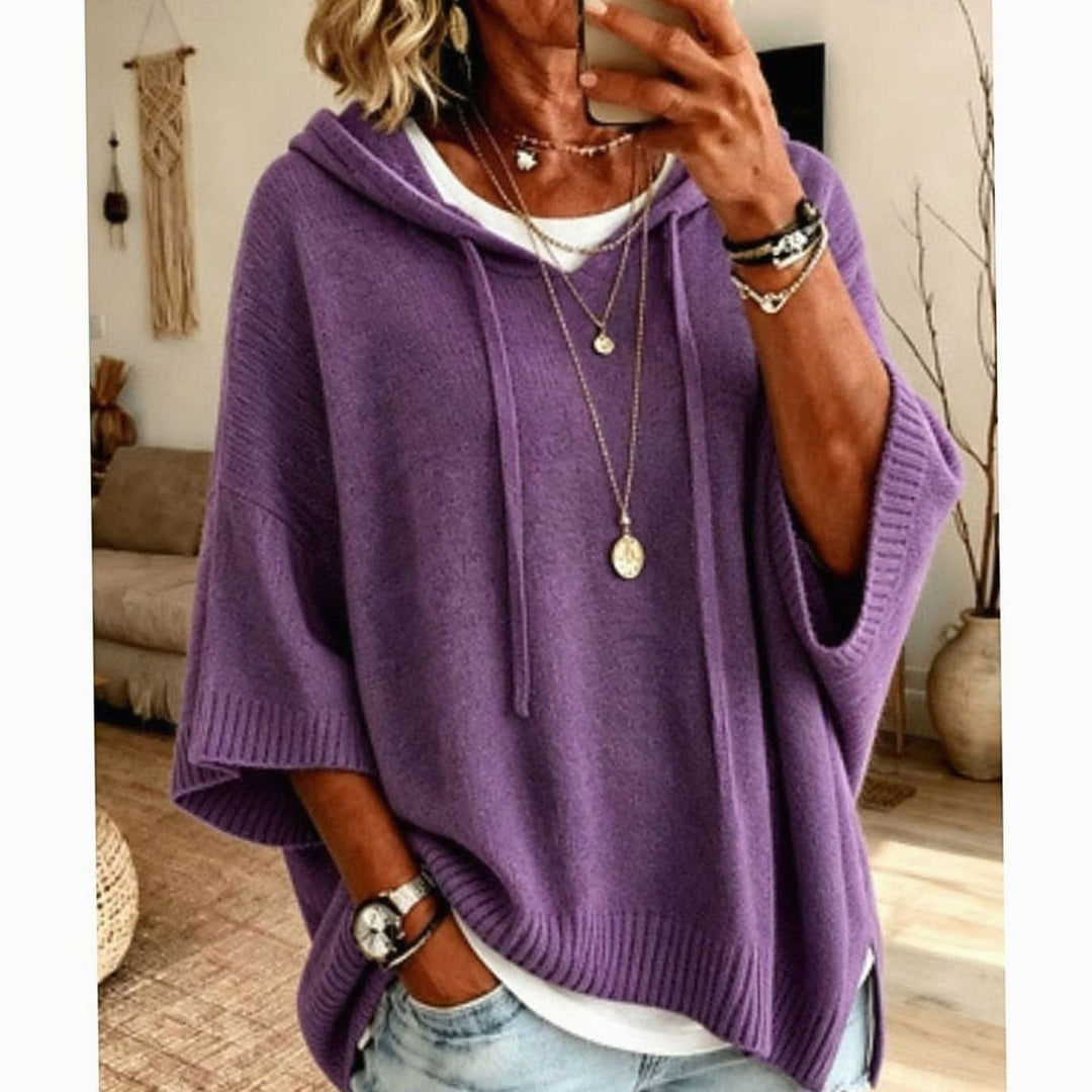 Women's Relaxed-Fit Drawstring Hooded Knit Sweater - Purple