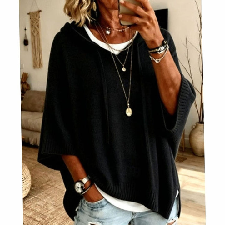 Women's Relaxed-Fit Drawstring Hooded Knit Sweater - Black