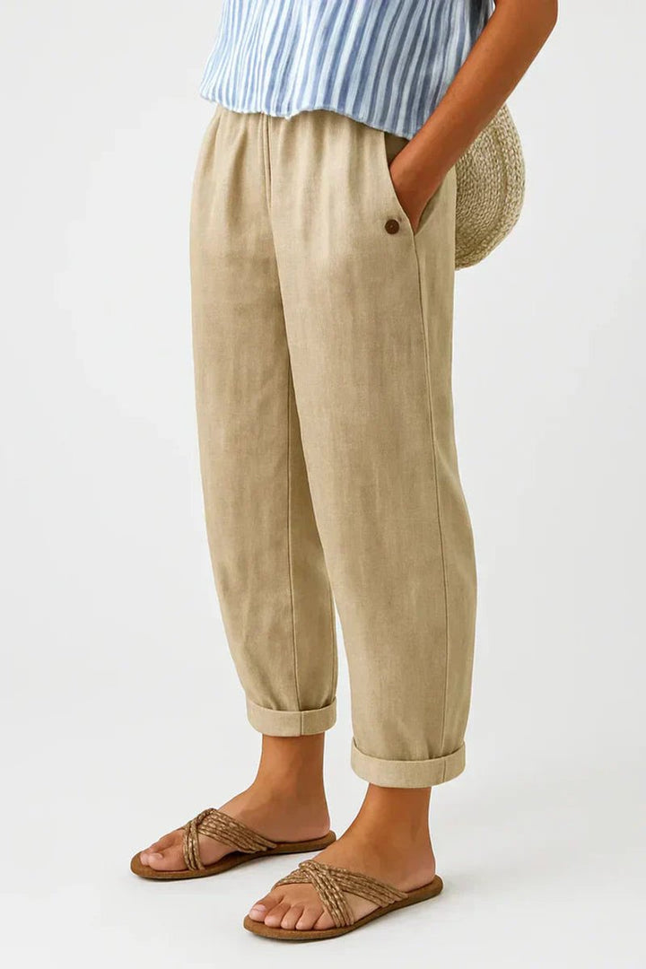 Women's Relaxed-Fit Elastic-Waist Cuffed Linen Blend Pants - Beige
