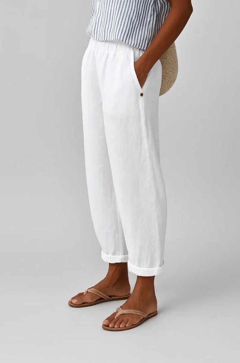 Women's Relaxed-Fit Elastic-Waist Cuffed Linen Blend Pants - White