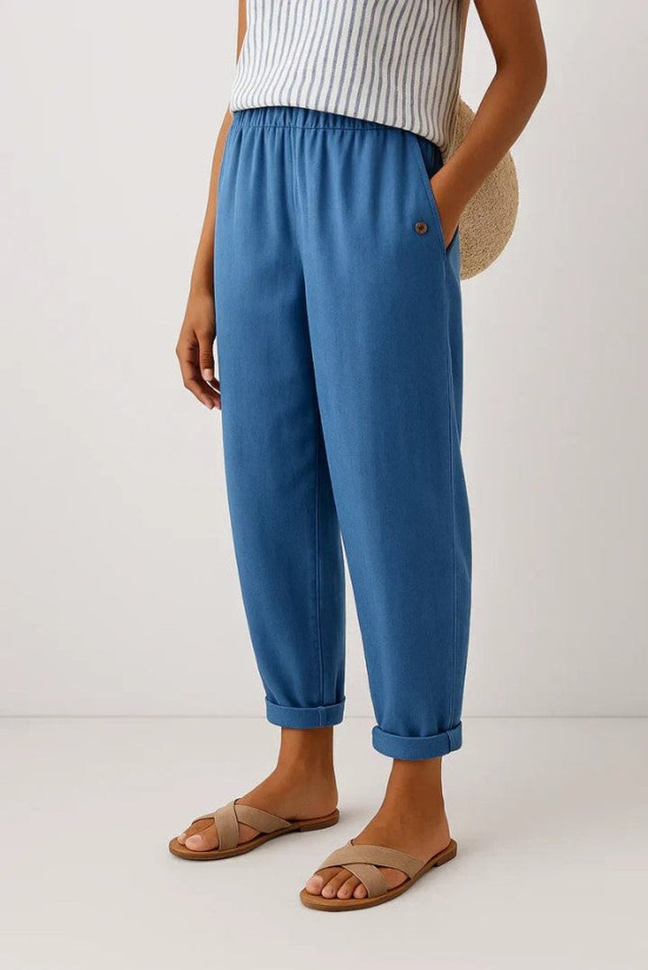 Women's Relaxed-Fit Elastic-Waist Cuffed Linen Blend Pants - Blue