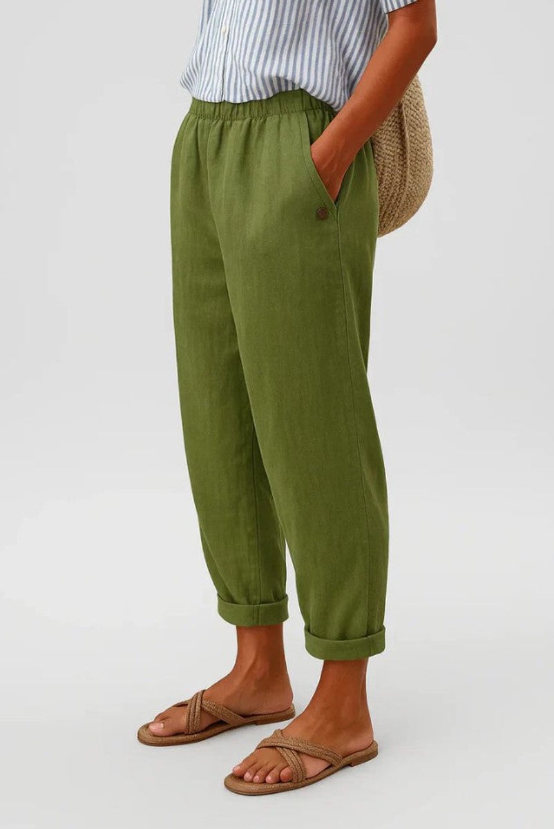 Women's Relaxed-Fit Elastic-Waist Cuffed Linen Blend Pants - Olive Green