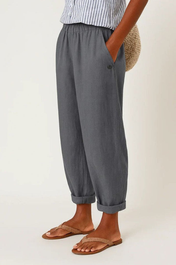 Women's Relaxed-Fit Elastic-Waist Cuffed Linen Blend Pants - Dark Gray