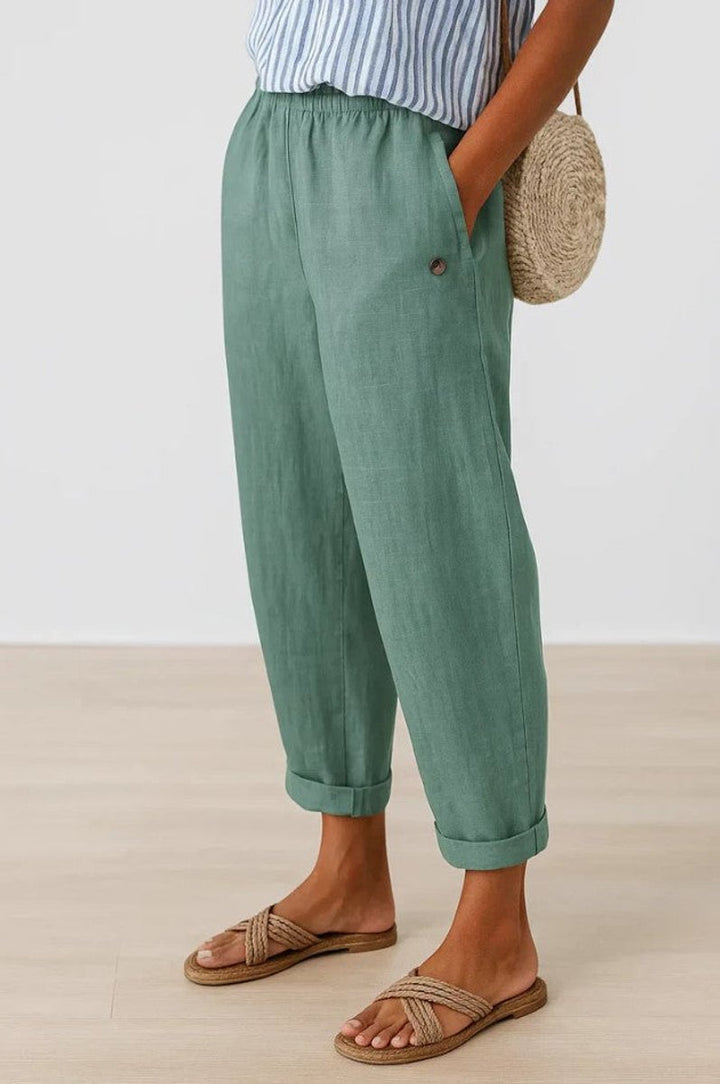 Women's Relaxed-Fit Elastic-Waist Cuffed Linen Blend Pants - Turquoise