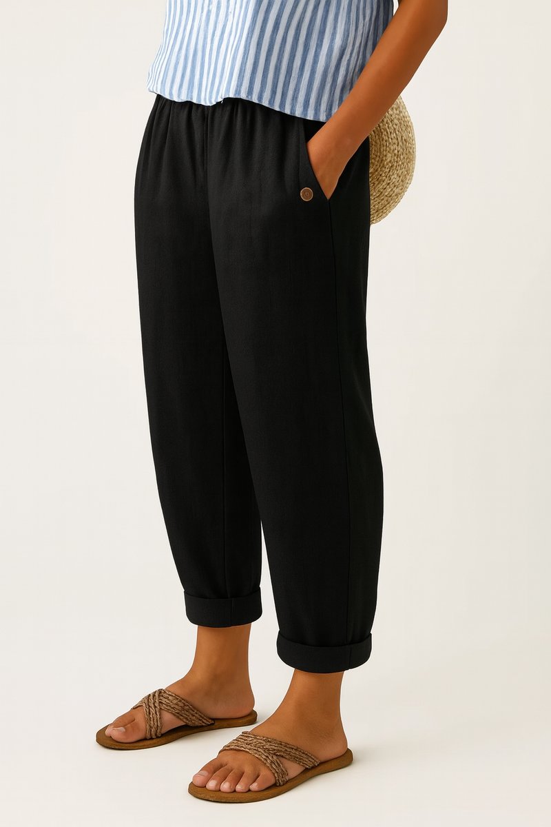 Women's Relaxed-Fit Elastic-Waist Cuffed Linen Blend Pants - Black