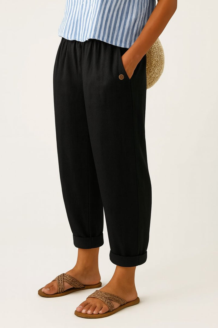 Women's Relaxed-Fit Elastic-Waist Cuffed Linen Blend Pants - Black