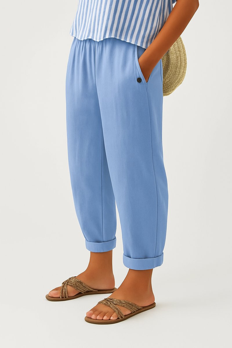 Women's Relaxed-Fit Elastic-Waist Cuffed Linen Blend Pants - Light Blue