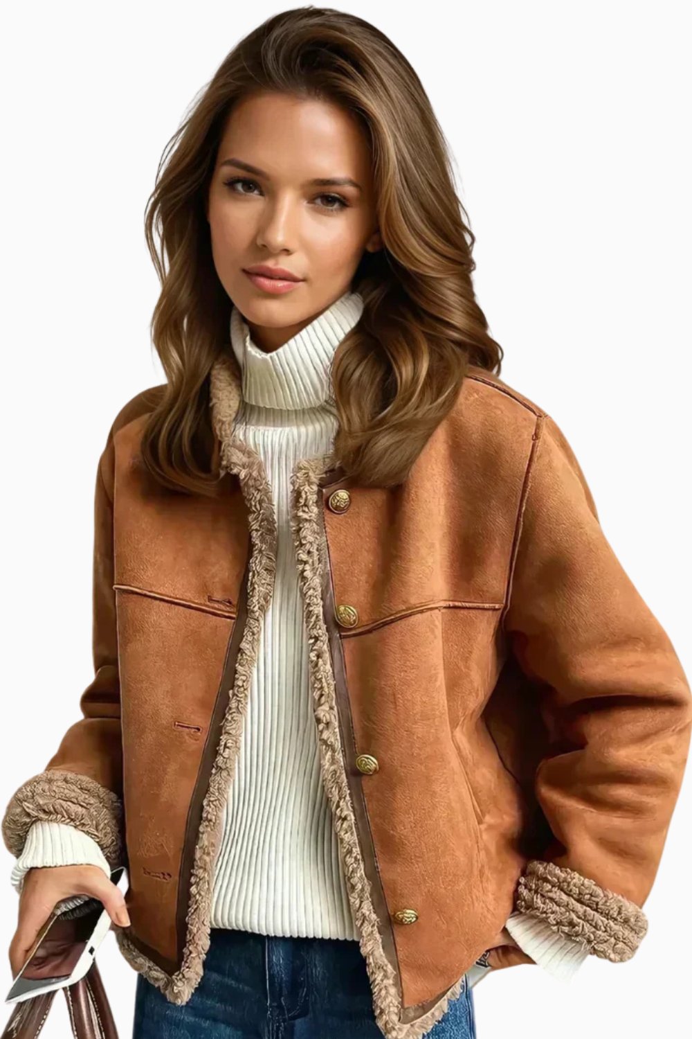 Women's Relaxed-Fit Faux-Sheepskin Shearling-Lined Button-Front Jacket