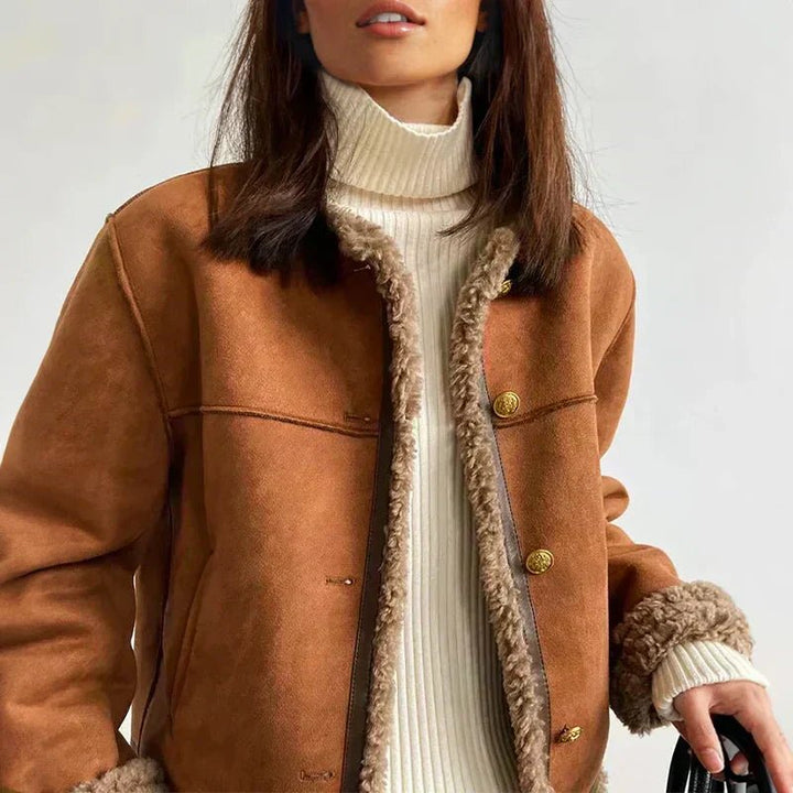 Women's Relaxed-Fit Faux-Sheepskin Shearling-Lined Button-Front Jacket