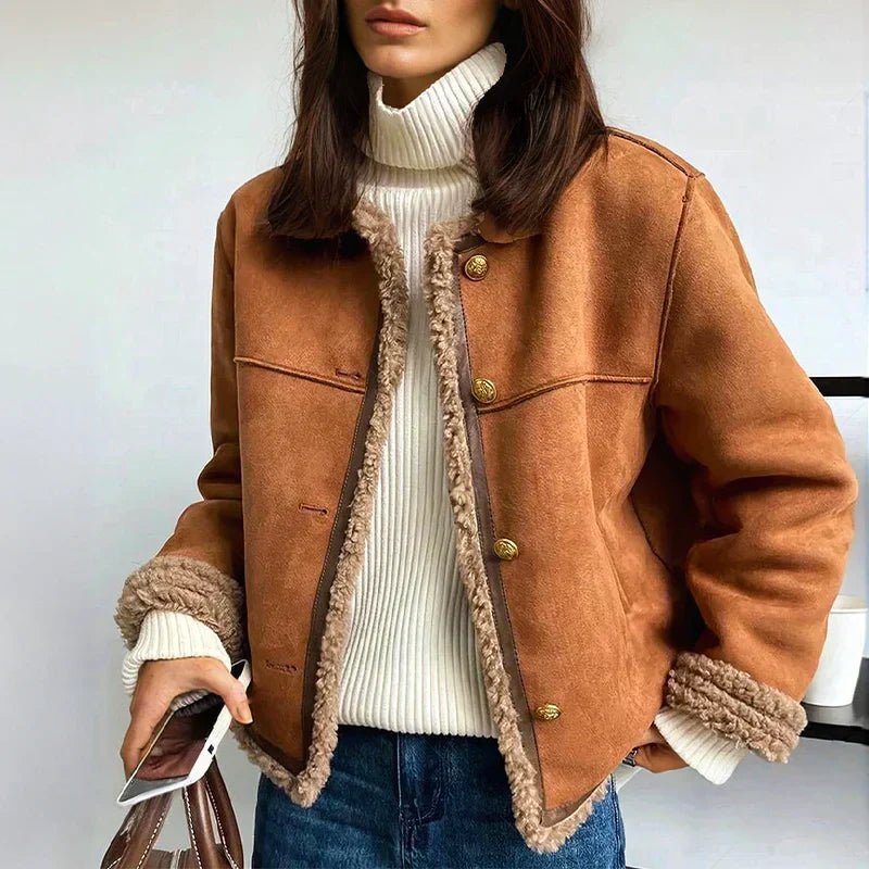 Women's Relaxed-Fit Faux-Sheepskin Shearling-Lined Button-Front Jacket - Brown