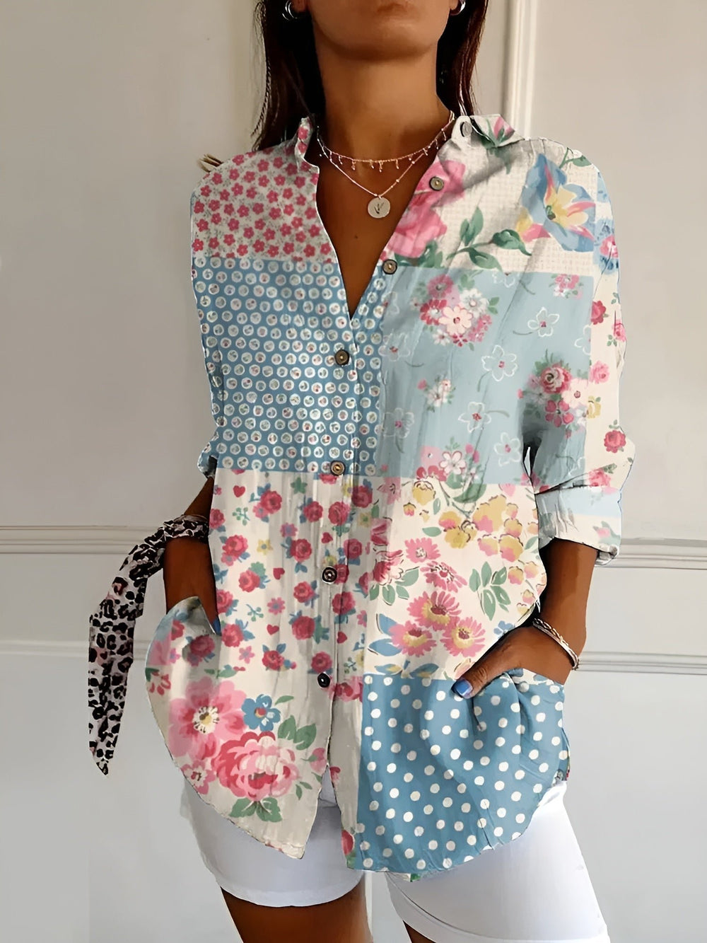Women's Relaxed-Fit Floral Button-Down Long-Sleeve Blouse - Blue Flower