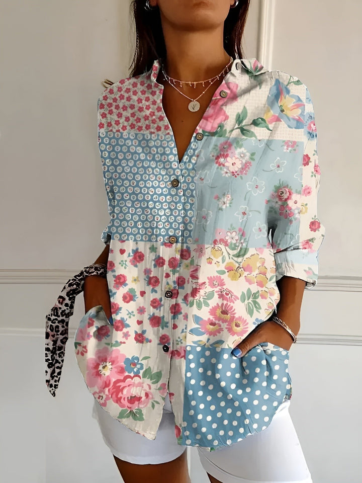 Women's Relaxed-Fit Floral Button-Down Long-Sleeve Blouse - Blue Flower