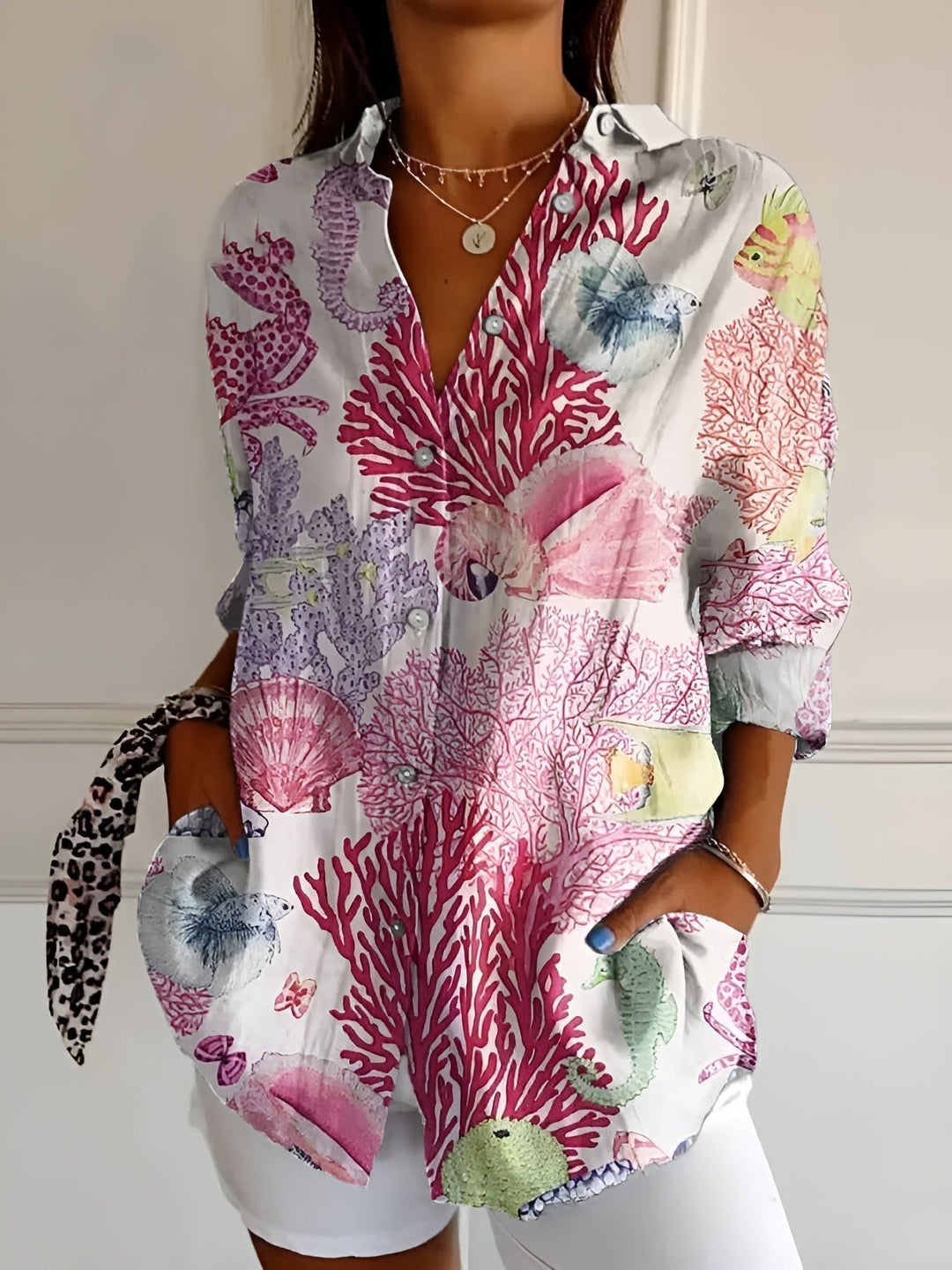 Women's Relaxed-Fit Floral Button-Down Long-Sleeve Blouse - Corals