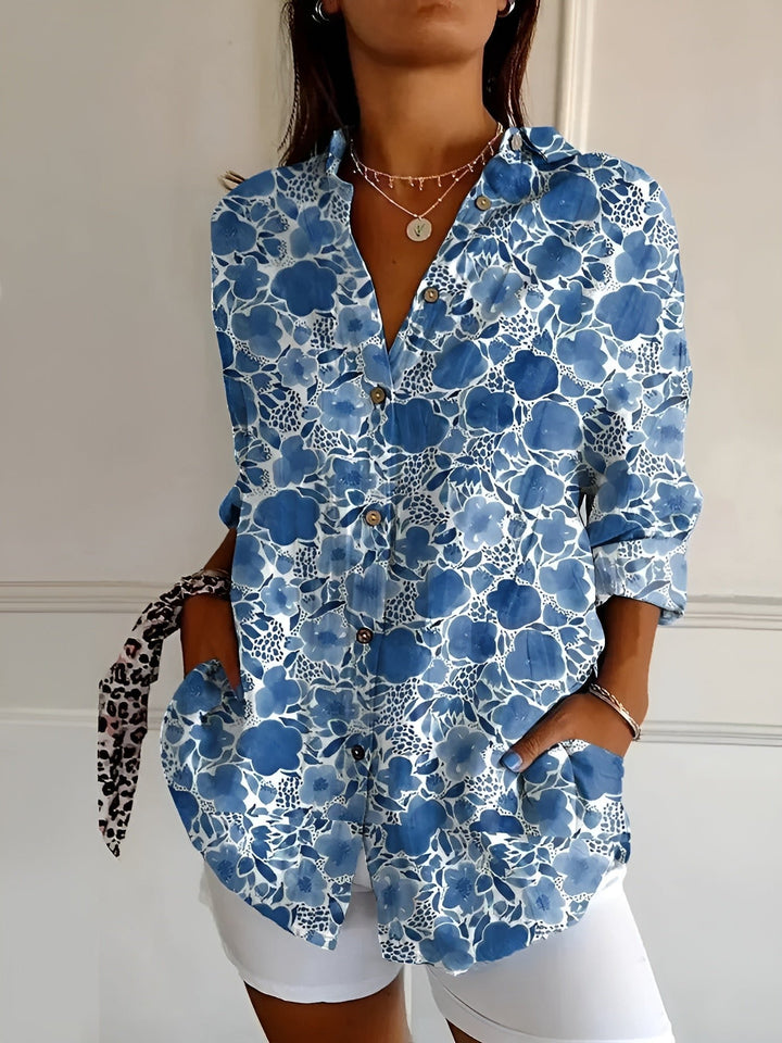 Women's Relaxed-Fit Floral Button-Down Long-Sleeve Blouse - Dark Blue Flower