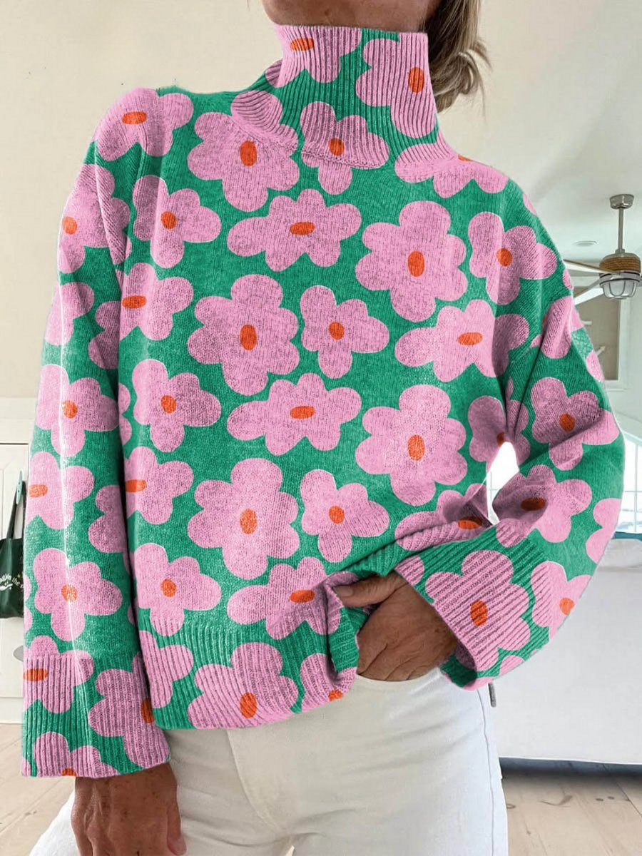 Women's Relaxed-Fit Floral Knit Turtleneck Sweater - Multicolor