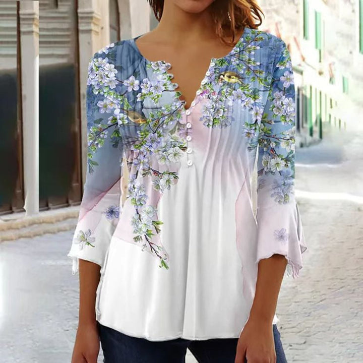 Women's Relaxed-Fit Floral Long-Sleeve Henley Blouse - Wit-Blauw