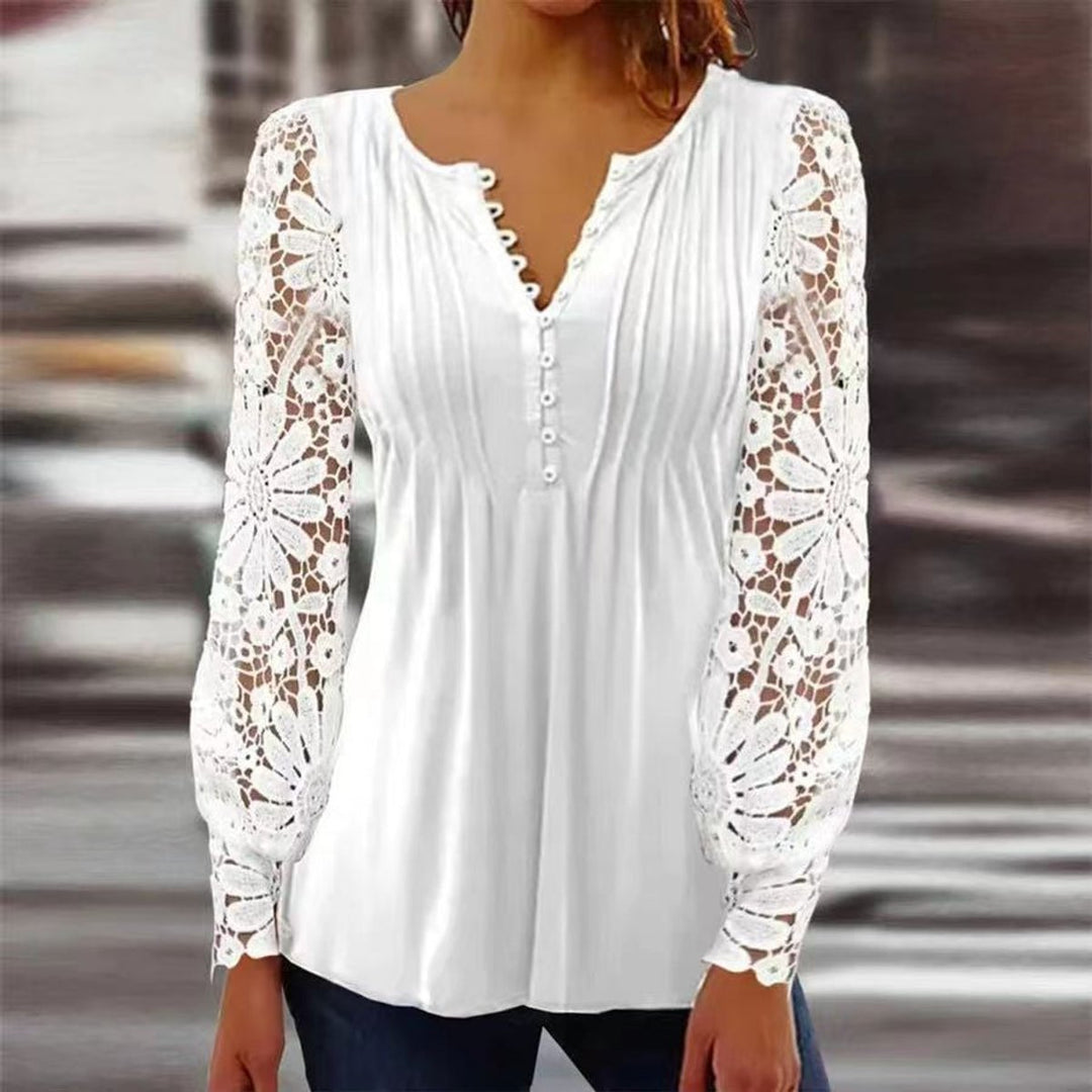 Women's Relaxed-Fit Floral Long-Sleeve Henley Blouse - Wit