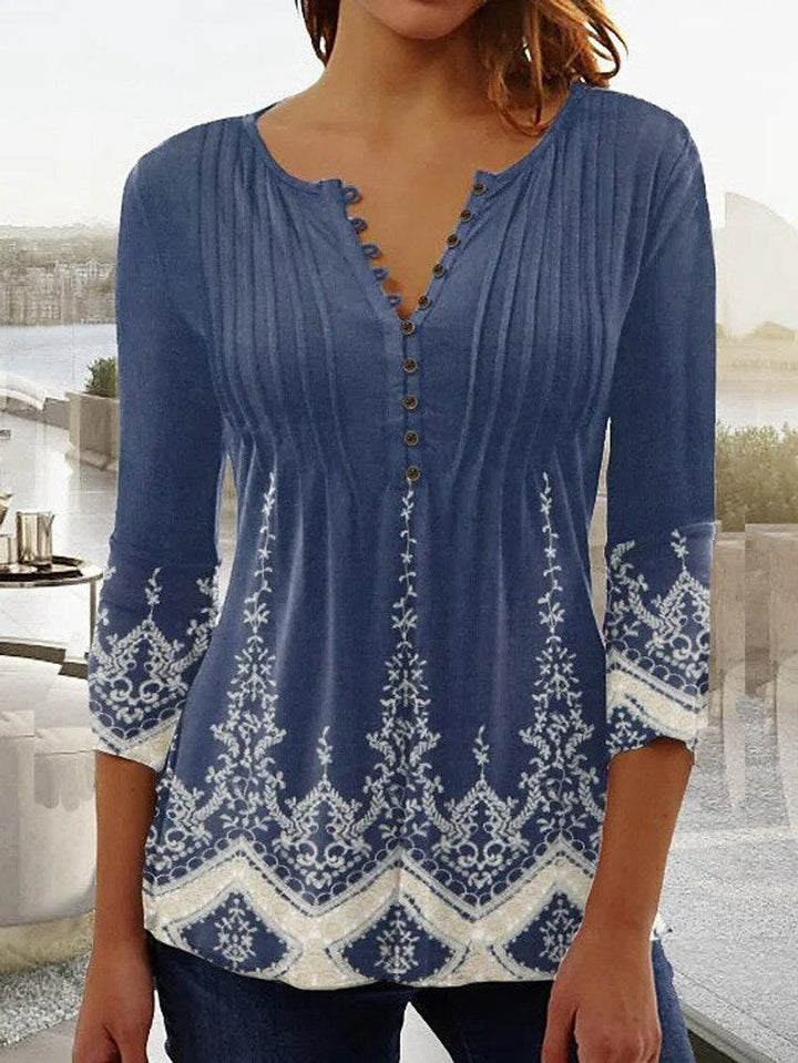 Women's Relaxed-Fit Floral Long-Sleeve Henley Blouse - Blauw