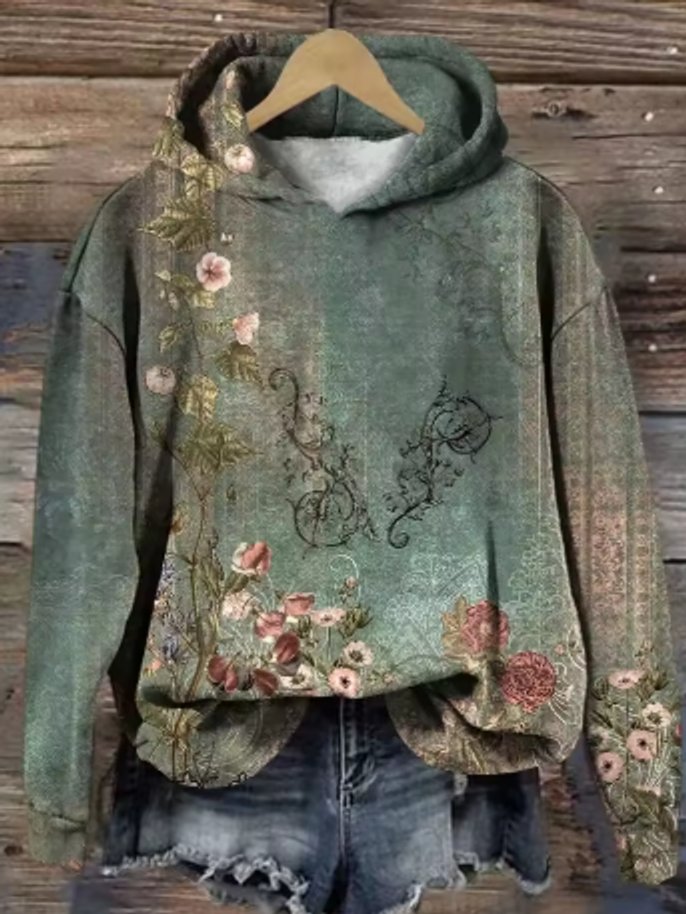 Women's Relaxed-Fit Floral Print Hooded Knit Sweater