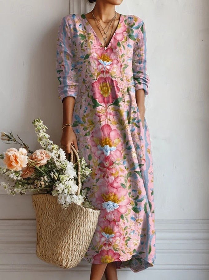 Women's Relaxed-Fit Floral Print Long-Sleeve V-Neck Maxi Dress - Dress (almost sold out)