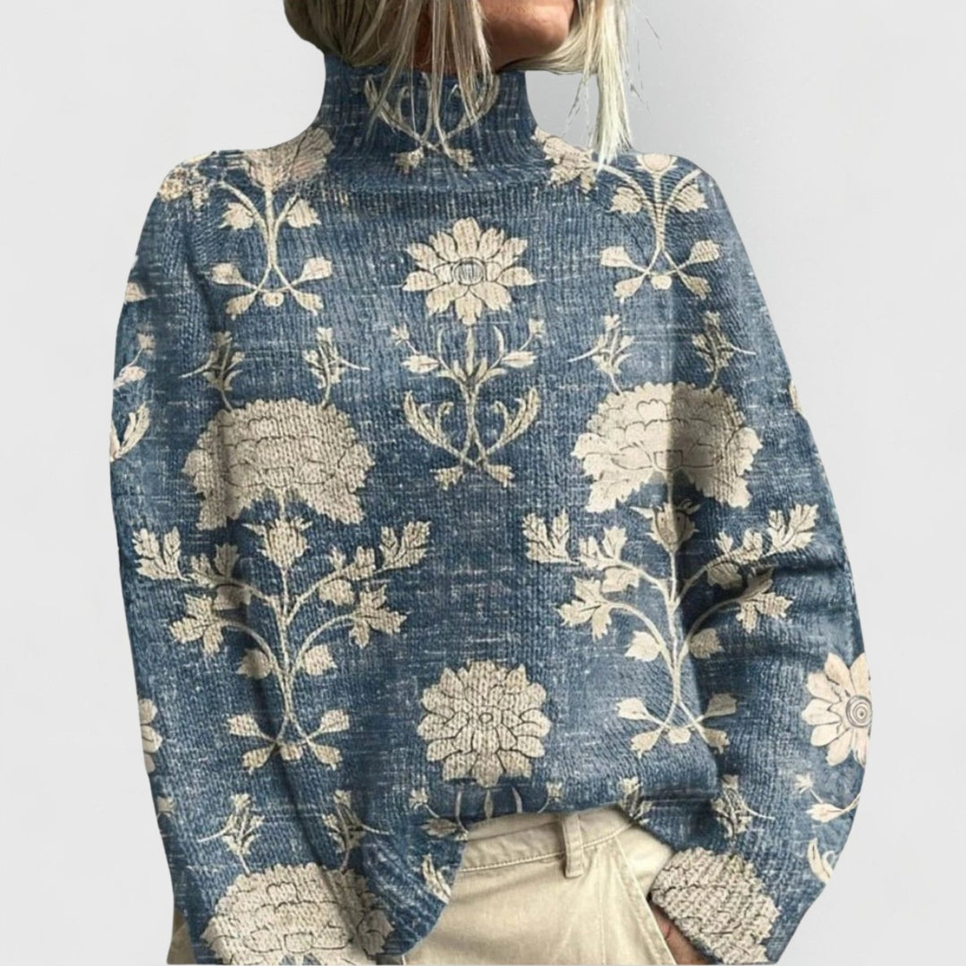 Women's Relaxed-Fit Floral Print Turtleneck Knit Sweater - Light Blue