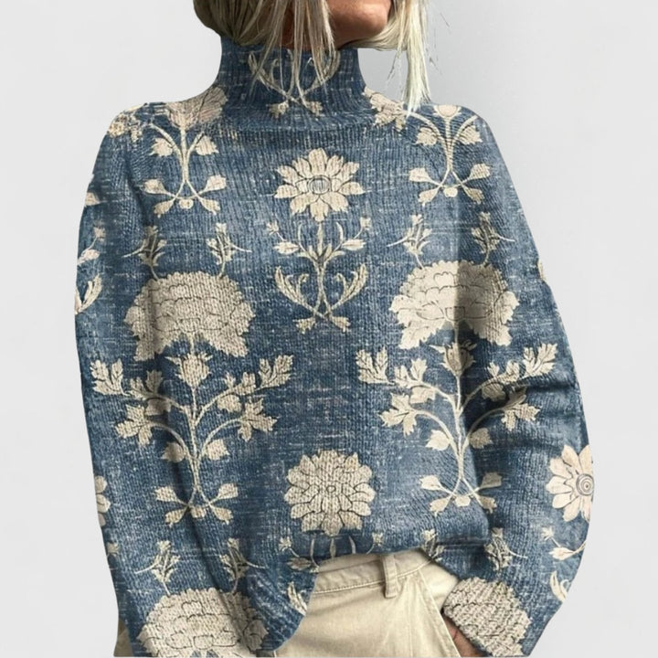 Women's Relaxed-Fit Floral Print Turtleneck Knit Sweater - Light Blue