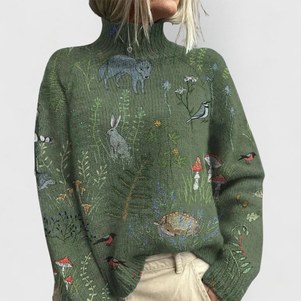 Women's Relaxed-Fit Floral Print Turtleneck Knit Sweater - Green