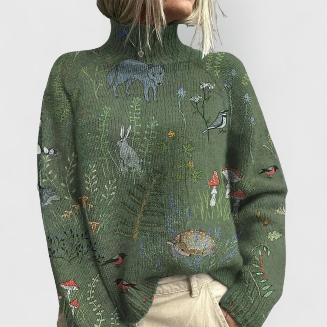 Women's Relaxed-Fit Floral Print Turtleneck Knit Sweater - Green