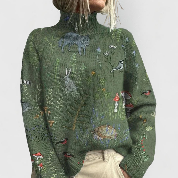 Women's Relaxed-Fit Floral Print Turtleneck Knit Sweater - Green