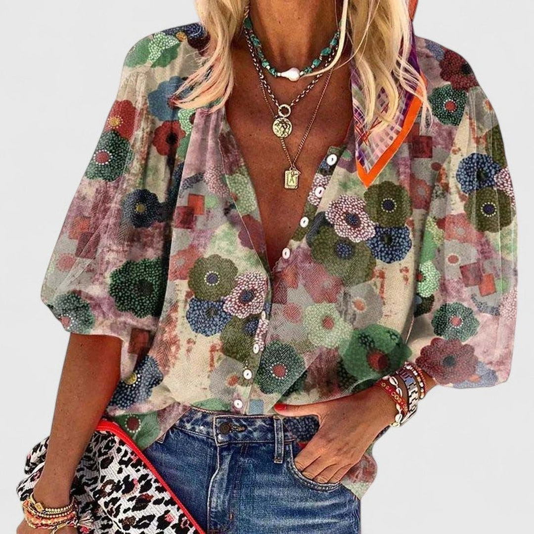 Women's Relaxed-Fit Floral Print V-Neck Button-Up Blouse - Green
