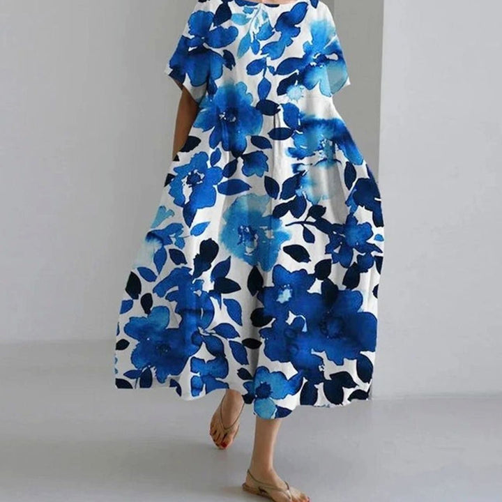 Women's Relaxed-Fit Floral Short-Sleeve Midi Dress - Blue