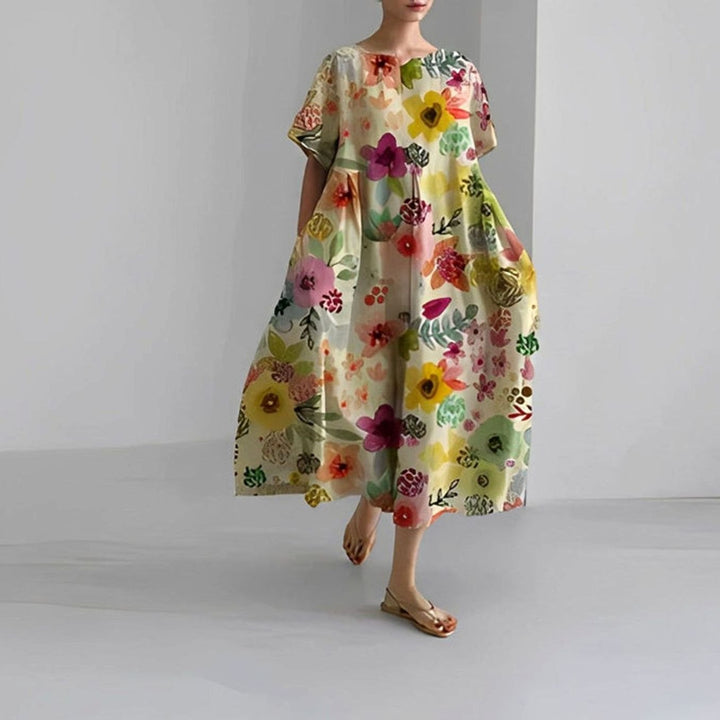 Women's Relaxed-Fit Floral Short-Sleeve Midi Dress - Mixed Flower Colors