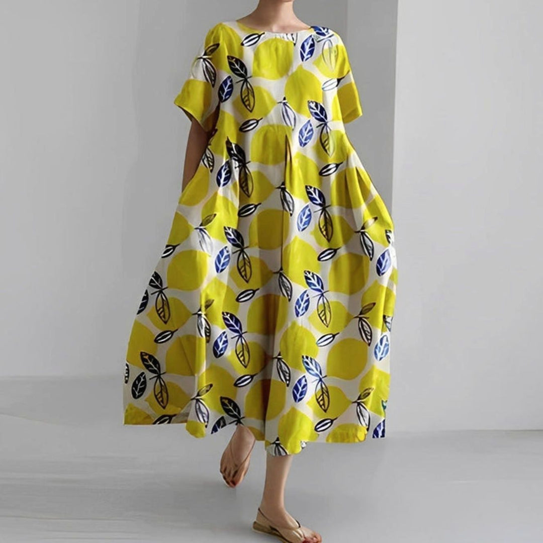 Women's Relaxed-Fit Floral Short-Sleeve Midi Dress - Yellow