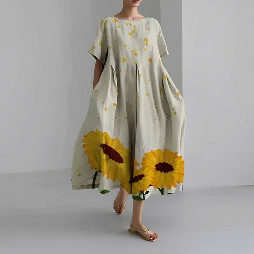 Women's Relaxed-Fit Floral Short-Sleeve Midi Dress - White Sunflower