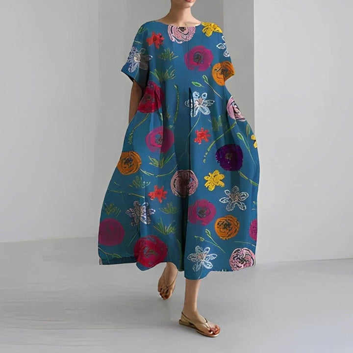 Women's Relaxed-Fit Floral Short-Sleeve Midi Dress - Dark Blue Roses