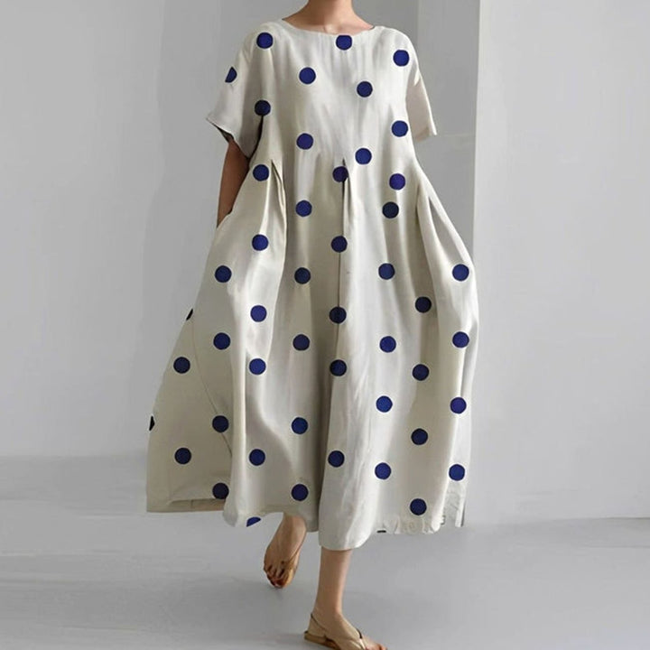 Women's Relaxed-Fit Floral Short-Sleeve Midi Dress - White Blue Dots