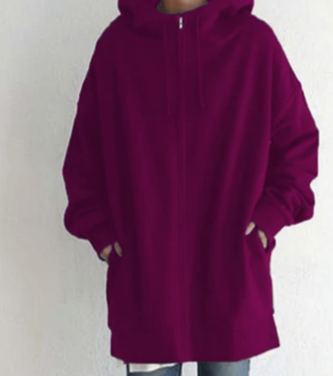 Women's Relaxed-Fit Full-Zip Hooded Sweatshirt Long Hoodie - Rose Red